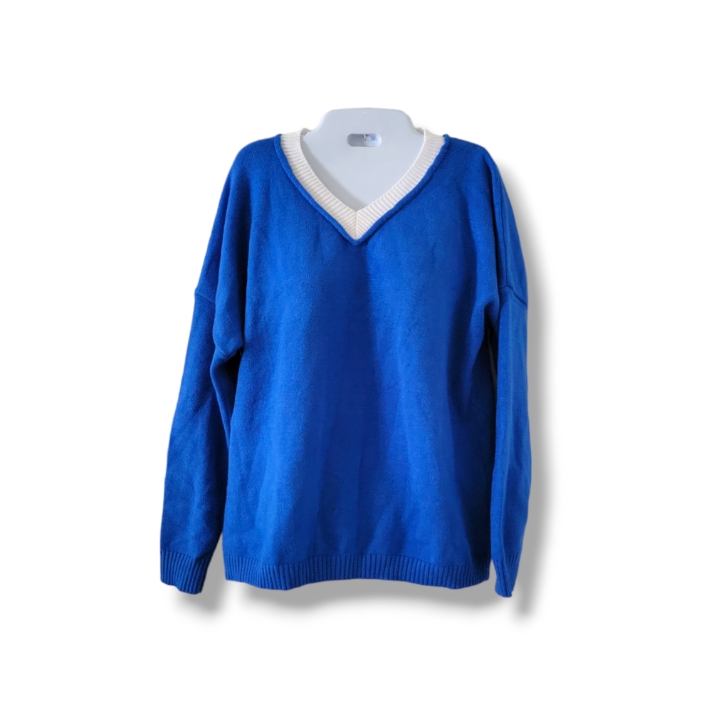 NWT Vibrant Lapis Blue/White V-neck Long Sleeve Knit Sweater (SIZE M)